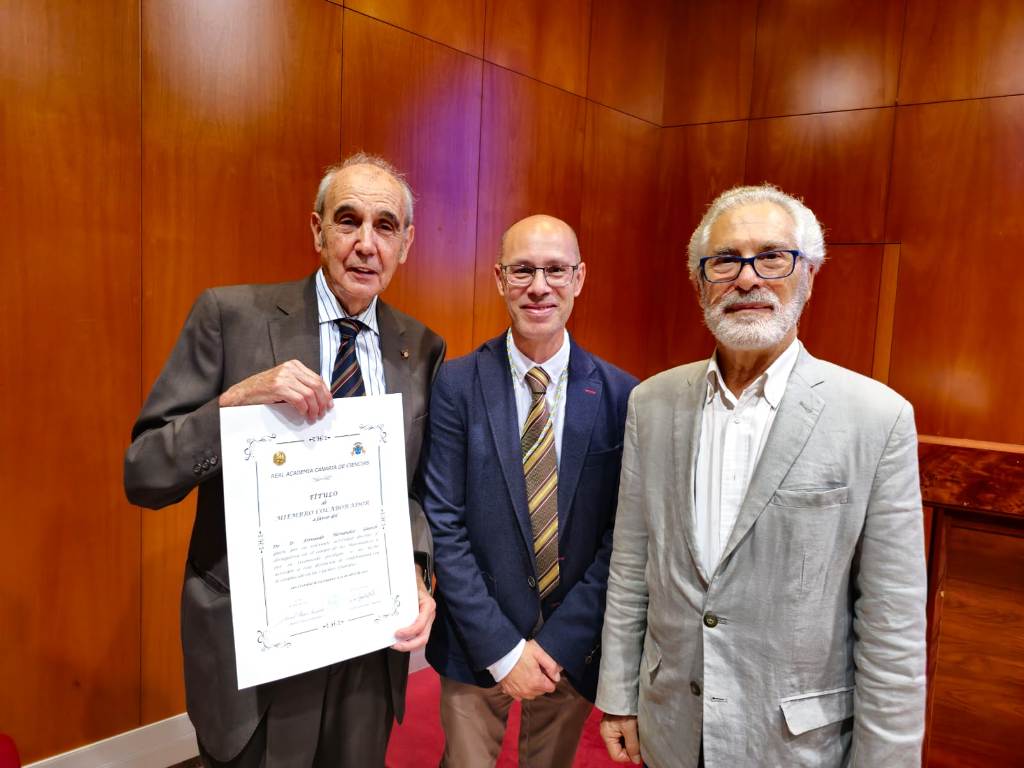 Fernando Hernández Guarch (i), tras su ingreso en la Academia de Ciencias, acompañado de Daniel Alonso y José Regidor/JOSÉ M. VEGA